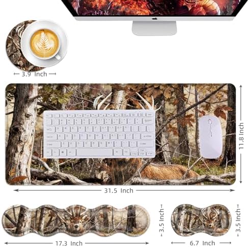 Mouse Pad,Large Desk Mat Set, 4in1 XL Mousepad + Keyboard Wrist Rest+Mouse Wrist Rest+Coaster with Ergonomic Desk Pad for Home Office Table Computer Cover -Camo Forest Deer - Image 6