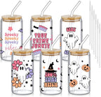 SiliFine 6 Pcs Halloween Glass Cups, 16 oz with Lids and Straws by SiliFine