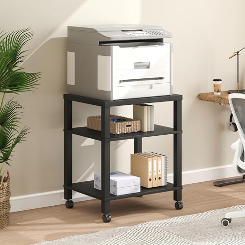 3-Tier Printer Stand with Wheels, Large Under Desk Rolling Cart for Office Storage, Heavy Duty Machine Stand with Adjustable Shelf, 22.04"x17.71"x26.54", Black - Image 2