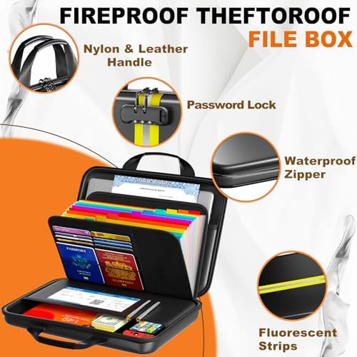 Fireproof Document Organizer with Lock, Semi-Rigid EVA Shell File Box with 13-Pocket Accordion Folder, Water-Resistant Storage for Important Documents, Passports & Certificates - Image 3