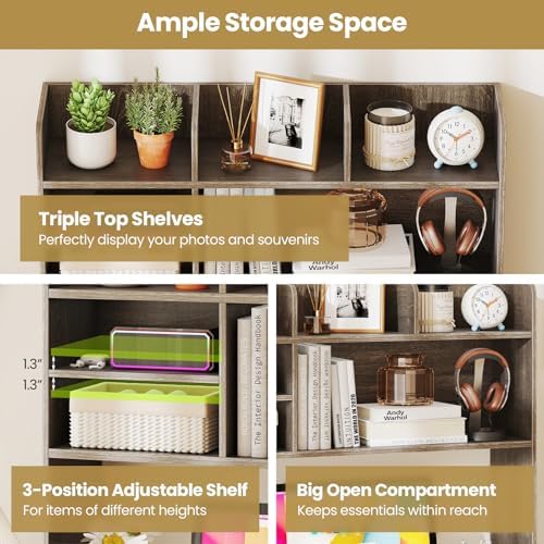 LDAILY 3-Tier Desktop Bookshelf, Wooden Desk Hutch for Computer Monitor Up to 32 Inch, Desk Organizer Shelf with Adjustable Shelf & 6 Storage Shelves, Desk Display Rack for Home Office Dorm (Grey Oak) - Image 3