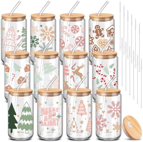 12 Sets Pink Bow Valentine's Day Glass Cups Gifts Bulk 16 oz Iced Coffee Cups with Lids and Straws Cute Glass Tumbler Girly Galentine's Day Gifts for Women Coworker Party Favor(Christmas) by Yetene