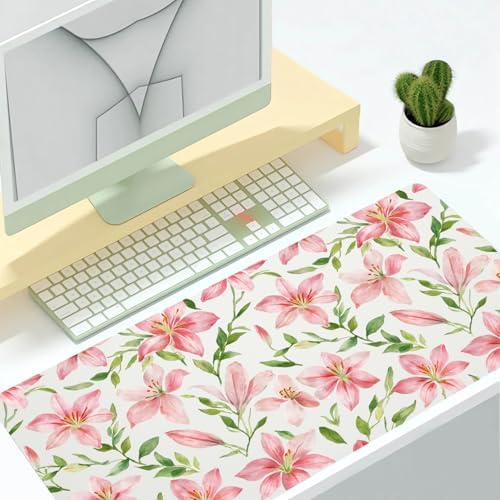 Watercolor Lily Office Desk Mat 31.5" x 15.7" Desktop Mat PU Leather Large Mouse Pad White Mousepad Non-Slip Table Mat for Girls, Women, Home, Work, Computer, and Gaming - Image 2
