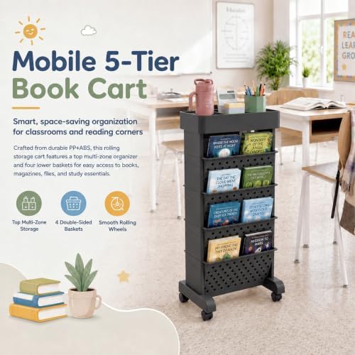 5-Tier Rolling Bookshelf Cart with Wheels, Black - Image 4