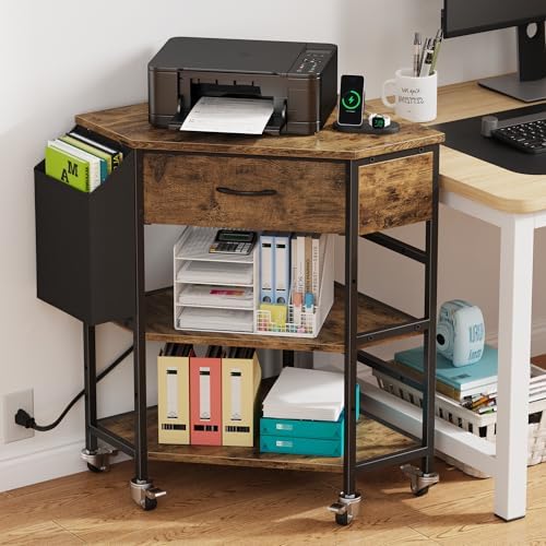 YAOHUOO Corner Printer Stand, Corner Table with Power Outlet/Fabric Drawer by YAOHUOO