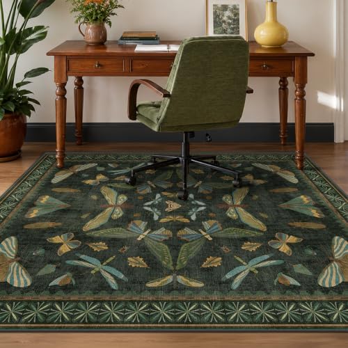 JTJ 5x6 Office Rug, Dark Green Vintage Insect Motif, Washable Non Slip by JTJ