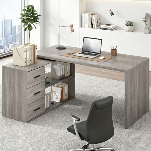 HSH Grey L Shaped Computer Corner Desk with 3 Storage Drawers 60 inch by HOMESWEETHOME