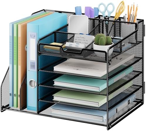 Lavatino Desk Organizer, 5-Tier Metal Mesh Paper Letter Tray with 2 File Holders & 7 Flexible Dividers for Office or Home Desk Organizers and Accessories, Keep Workspace Supplies Neat, Black by Lavatino