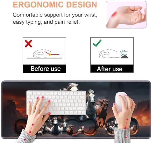 Ergonomic Keyboard Wrist Rest & Mouse Pad Wrist Rest Set, Large XXL Gaming Desk Mat 31.5"x 11.8" with Non-Slip Base, Memory Foam, Easy Typing Pain Relief for Home & Office, Running Horses - Image 5