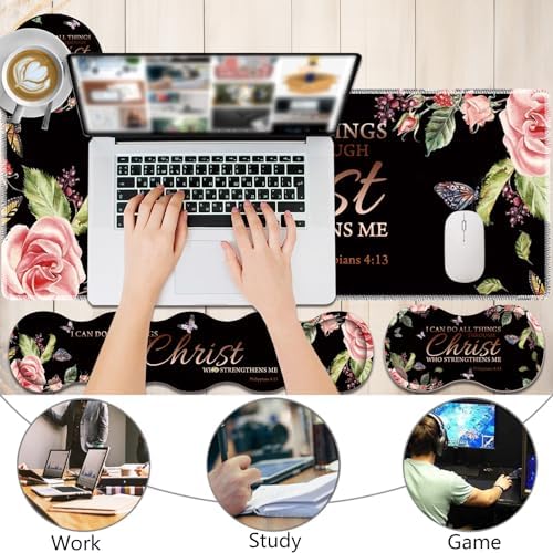 4 in 1 Mouse Pad Combo, Large Gaming Mouse Pad + Keyboard Wrist Support + Mouse Wrist Rest + Coaster, Table Pad with Stitched Edge Ergonomic Wrist Pad Set, Philippians 4-13 Flowers - Image 2