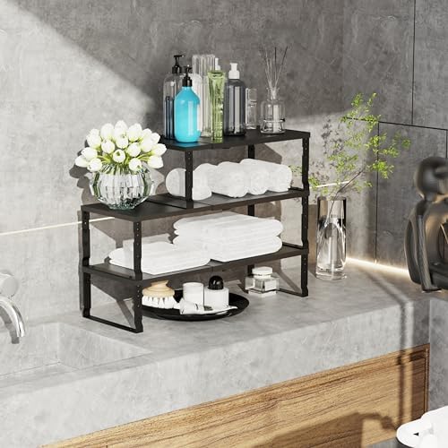 Jojocross Expandable Stackable Spice Rack Organizer for Kitchen Cabinet,Adjustable Counter Shelf, countertop, Pantry,Cupboard,Bathroom,Bedroom(3Packs/Black/Large) - Image 5