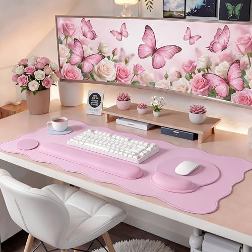 Sabary Scalloped Desk Mat Keyboard Mouse Pad Set Pink 31.5 x 15.7 Inch - Image 5