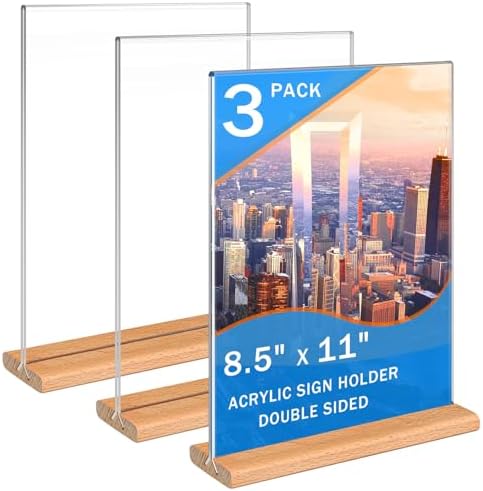 Kersally Acrylic Sign Holder 8.5 x 11, 3 Pack Double-Sided Clear Table Display Stands with Wood Base,Vertical Acrylic Frame Menu Flyer Paper Holder for Stores, Restaurants, Hotels, Office, Show Fair by Kersally