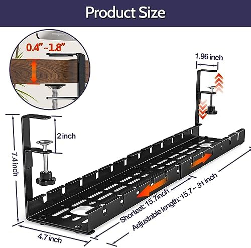 Shikha 2 Pack Cable Management Under Desk, 15.7"-31" Retractable Cable Management Tray, No Drilling Cord Organizer with Clamp for Desk, Under Table Wire Management Tray for Home Office - Image 4