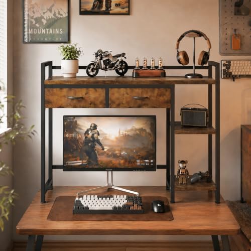 Desk Shelf with 2 Drawers, 38.5" Desk Hutch for Computer Monitor, 3 Tier Desk Display Rack, Desktop Bookshelf Storage Rack for Home Office Dorm - Image 7