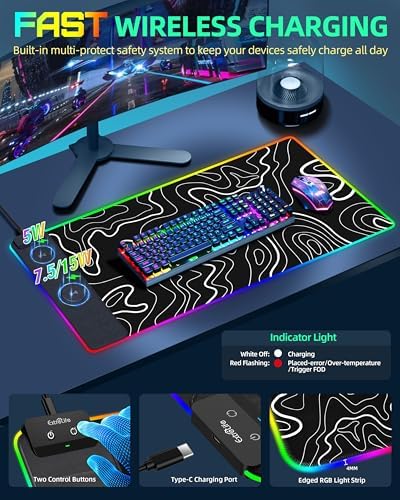 Wireless Charging Mouse Pad, RGB Gaming Mousepad, 31.5"x15.7" in - Image 5