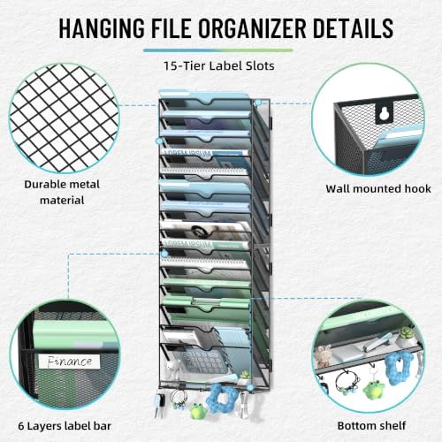 SUPEASY 15-Tier Wall File Organizer with Hooks, Wall Mounted Mail Organizer - Image 6