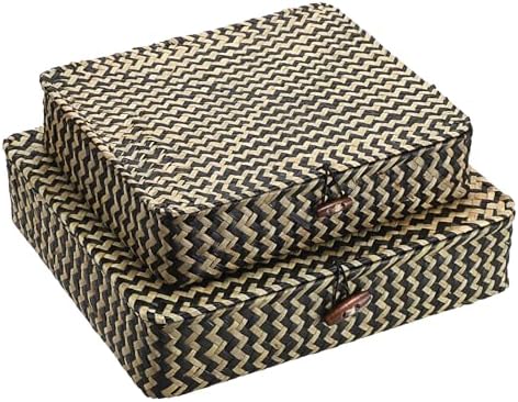 Hipiwe 2Pcs Flat Wicker Woven Basket with Lid Natural Seagrass Storage Box by Hipiwe