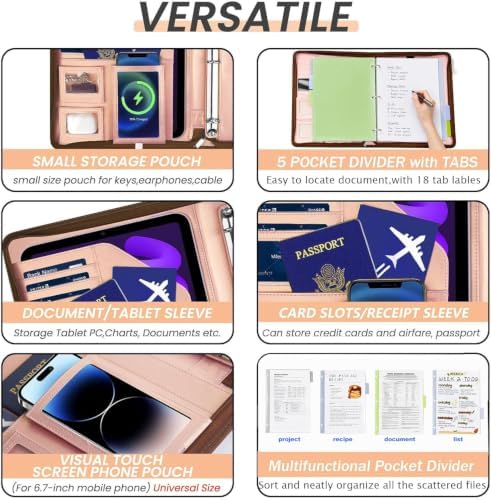 Leather Padfolio Portfolio with Clipboard Storage, Removable 3 Ring Binder 1 Inch Zipper Binder, Document Organizer for Women Men with Notepad, 5 Pocket Dividers, Pen Holder, Rose Gold - Image 4