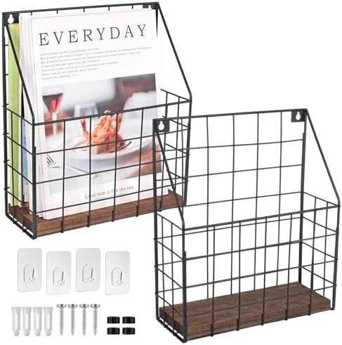 Mail Holder Magazine Basket 2Pack Black Wall Mount File Organizer Wood Rack by LIGHTDUST