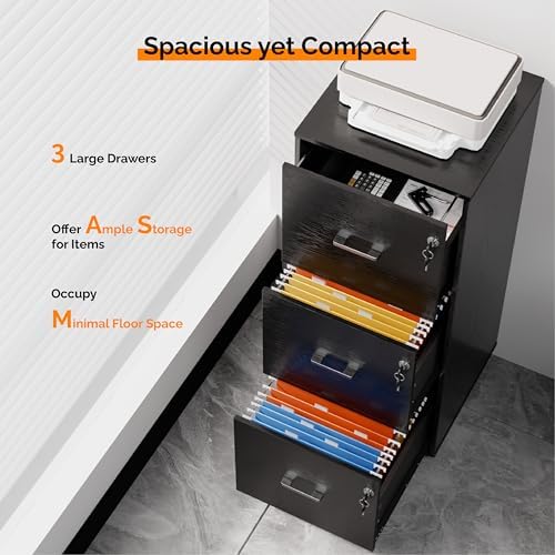 VINGLI 3 Drawer File Cabinet with Lock, Home Office Filing Organizer, for Letter Size File Folder Storage, Wood Tall Vertical Filing Cabinet, Printer Stand, Archivador (Black) - Image 4