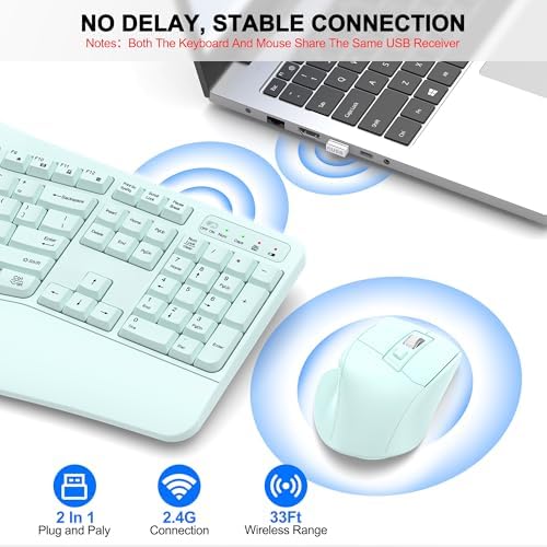 Wireless Keyboard and Mouse Combo, 2.4G Ergonomic Wave Key(Mint Green) - Image 5
