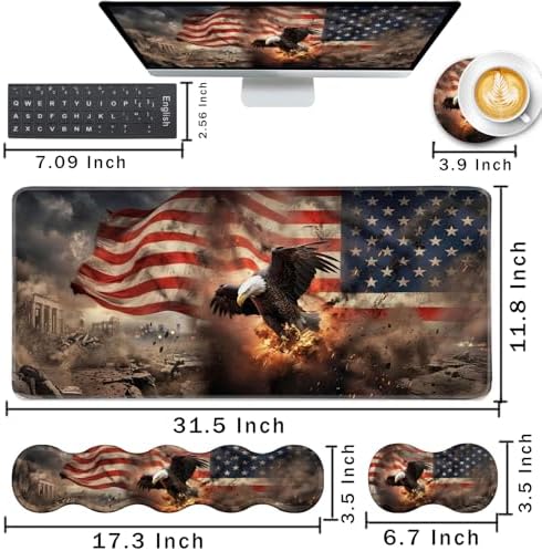 Keyboard Wrist Rest and Mouse Pad with Wrist Support Set Ergonomic Coaster,Memory Foam,Easy Typing Pain Relief,Large XL Desk Mat 31.5"x 11.8",Bald Eagle with USA Flag - Image 2