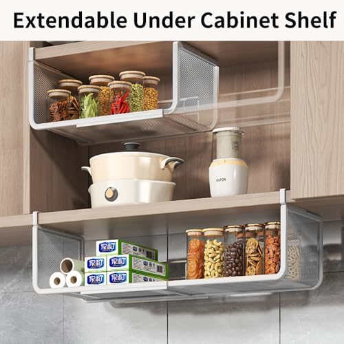 Expandable Under Shelf Basket Organizer, Under Shelf Storage, Hanging Baskets Under Cabinet for Pantry Kitchen Cupboard Desk Counter Bookshelf Space Saver Heavy Duty Slide-in (white, 2 Pack) - Image 2