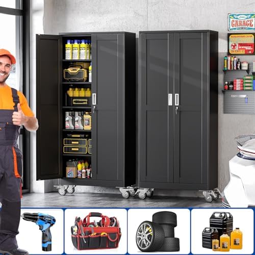 GAIOUS Metal Garage Storage Cabinet with Lock, Steel Tool Cabinet with 2 Doors and 5 Adjustable Shelves, 75” Tall Lockable File Cabinet with Wheels, Organization for Home Office Garage Gym - Black - Image 6