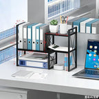 Expandable Desktop Shelf Organizer, 2 Tier Wood Desk Shelf for Office, Metal Corner Bookshelf, Countertop Storage Rack (Black) - Image 2