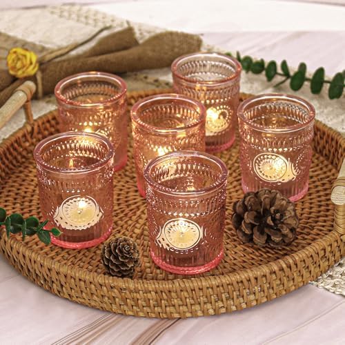48 Pcs Pink Glass Votive Candle Holders, Tealight Candle Holders for Table Centerpieces, Vintage Candle Holder Bulk, Boho Wedding, Valentine's Day Table Decor (Pink) by JALANCY