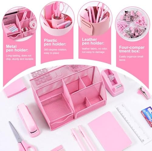 Gawsey Desk Organizers and Accessories with Desk Organizer 360° Rotating Pen Holder and Office Supplies, Cute Stationery Supplies Set (Pink) - Image 2
