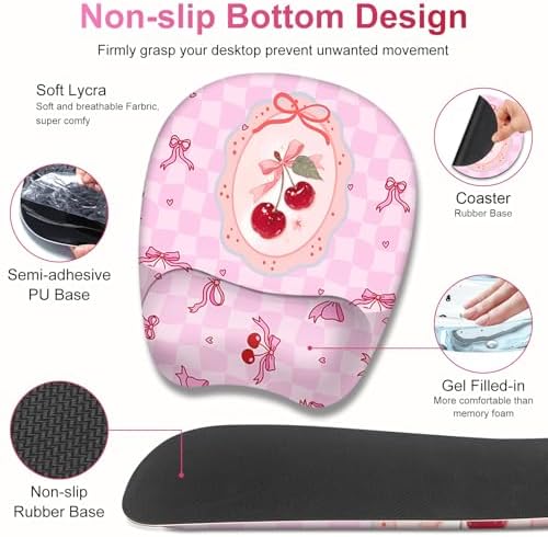 Cute Check Mouse Pad with Wrist Support 4 in1 Set, XXL Big Game Mousepad + Keyboard Wrist Rest + Mouse Wrist Rest Pad +Coaster Gaming Mat for Work Study Home Office I Pink Cherry & Bow Dream - Image 5