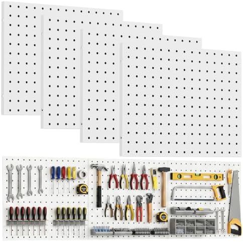 White Peg Board, 4 Pack Pegboard Wall Organizer, Metal Peg Board for Garage Tool Storage, , 4 Each 16" X 12" Heavy Duty Pegboard for Walls Home, Office Organization by Unknown