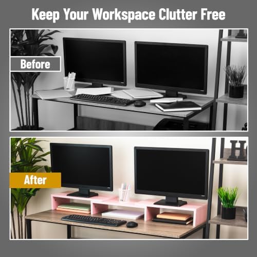Mind Reader Dual Monitor Stand, Desktop Organizer, Laptop Riser, Office, MDF, 51.25"L x 9.25"W x 4.75"H, Pink - Image 6