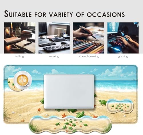 Large Keyboard Mouse Pad Set, Extended Mouse Pad+Keyboard Wrist Rest Support, Memory Foam Ergonomic Easy Typing, 4Pcs (31.5×11.8 in) Desk Pad Set for Office Home,Beach Turtles and Starfish - Image 7