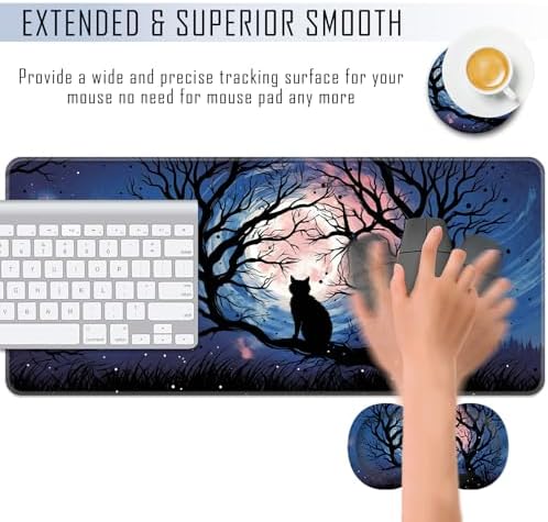 TGFEWYTJYJ Extended Gaming Mouse Pad,Memory Foam Ergonomic Keyboard Mouse Wrist Rest Support Set,Large Desk Mat with Stitched Edges,Non-Slip Base Mousepad Home Office,Black Cat Moonlight - Image 4