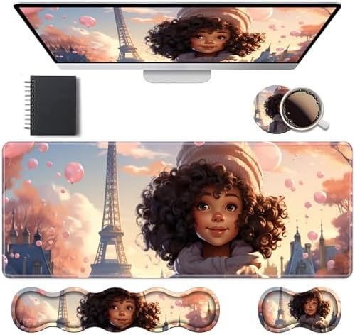 Ergonomic Keyboard Wrist Rest & Mouse Pad Wrist Rest Set, Large XXL Gaming Desk Mat 31.5"x 11.8" with Memory Foam, Easy Typing Pain Relief for Office & Home, Cute African American Girl by Unknown