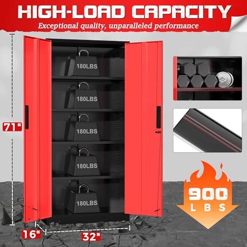 Superday 71" Lockable Steel Storage Cabinet, Locking Metal Storage Cabinets, Tall Black Red Cabinet with 2 Doors and 4 Adjustable Shelves for Garage, Home Office, Classroom, File, Easy Assemble - Image 3