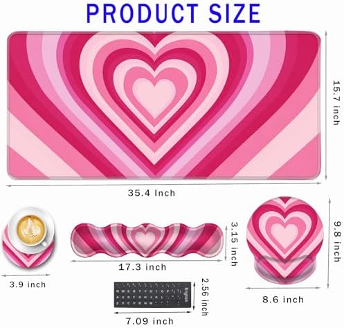 Mouse Pad,Large Pink Desk Mat, 4in1 XXL Mousepad + Keyboard Wrist Rest+Mouse Wrist Rest+Coaster Set with Ergonomic Desk Pad for Home Office Table Computer-Heart Pink - Image 2