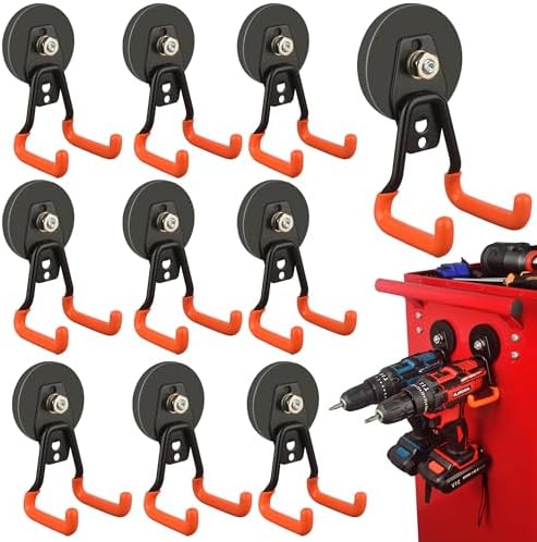 ULIBERMAGNET New Upgraded Heavy Duty Magnetic Garage Hooks,10 Pack Strong Large Magnet Hooks for Power Drill,Garden Tools,Hose,Pegboard,Garage, Workshop,Magnetic Storage Hook for Hanging(Orange) by ULIBERMAGNET