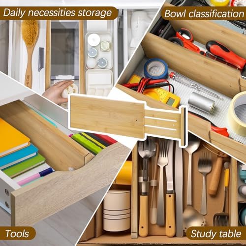 DoubleFill 8 Pcs Deep Bamboo Drawer Dividers, Deep Kitchen Dresser Drawer Organizer with Spring Loaded for Clothes, Adjustable Expandable from 15-22 Inch (Wood Color,6 Inch) - Image 6