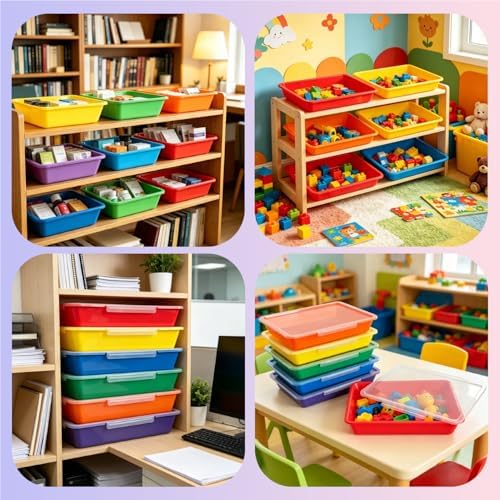 6 Pack Turn in Bins, A4 Letter Size Flat Storage Trays, (Rainbow, with Lid) - Image 7