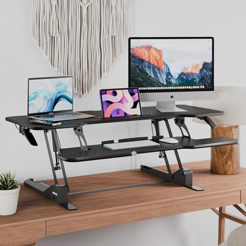 Mount-It! 47" Standing Desk Converter, XL Desktop Sit-Stand Desk Riser with Gas Spring Height Adjustment, Wide Desk Topper for Dual Monitors or Monitor & Laptop, Keyboard Tray, Black - Image 6