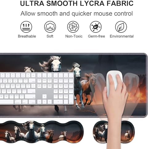 Ergonomic Keyboard Wrist Rest & Mouse Pad Wrist Rest Set, Large XXL Gaming Desk Mat 31.5"x 11.8" with Non-Slip Base, Memory Foam, Easy Typing Pain Relief for Home & Office, Running Horses - Image 3