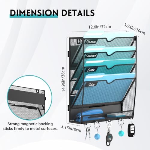 5 Tier Magnetic File Holder with Hooks for Letter Size Files - Image 2