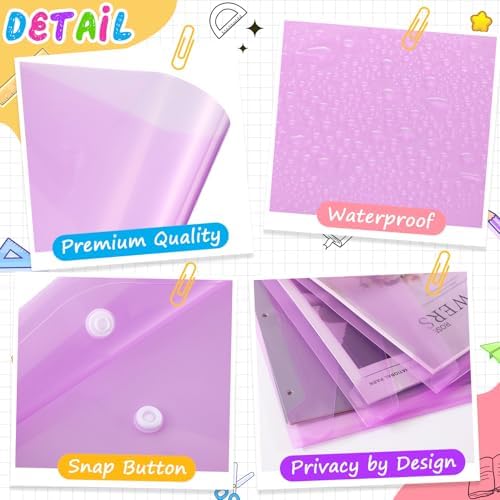 MotiMind 100 Pcs Clear Envelopes with Snap Button Closure Bulk A4 Letter Size Clear Plastic Envelope Folder Document Organizer File Folders for Office Home (Purple) - Image 3