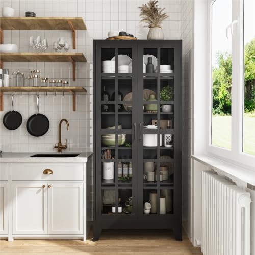 COFaR 71" Black Metal Pantry Cabinet with Glass Doors for Living Room - Image 3
