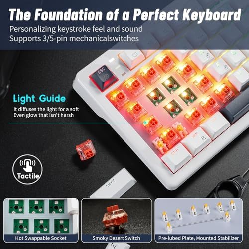 Wireless Mechanical Keyboard with Knob & Wrist Rest, Hot Swap Gasket Custom Structure, Creamy Pre-lubed Tactile Switches, RGB Backlit, Bluetooth/Type-C/2.4G Gaming Keyboard for Win/Mac (White) - Image 4