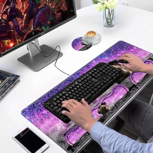 Ergonomic Keyboard Wrist Rest & Mouse Pad Wrist Rest Set, Large XXL Gaming Desk Mat 31.5"x 11.8" with Non-Slip Base, Memory Foam, Easy Typing Pain Relief for Home & Office, Cute Pug and Butterfly - Image 7